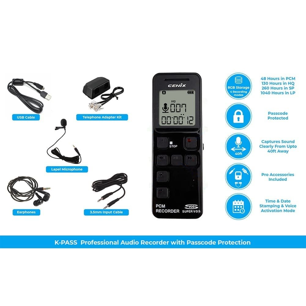 Premium PCM Audio Recorder 8GB 1040 Hours Storage with Password Protection